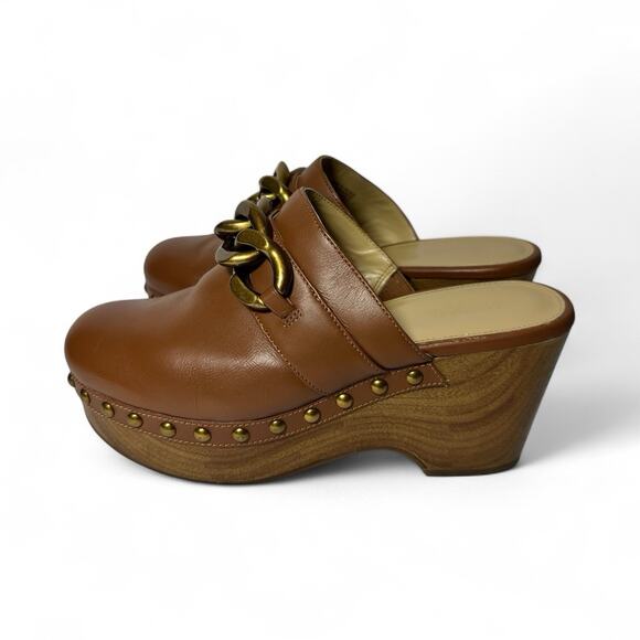 Michael Kors Clogs Mules Women's Size 8 Scarlett Gold Chain/Studded Chocolate - Picture 4 of 14